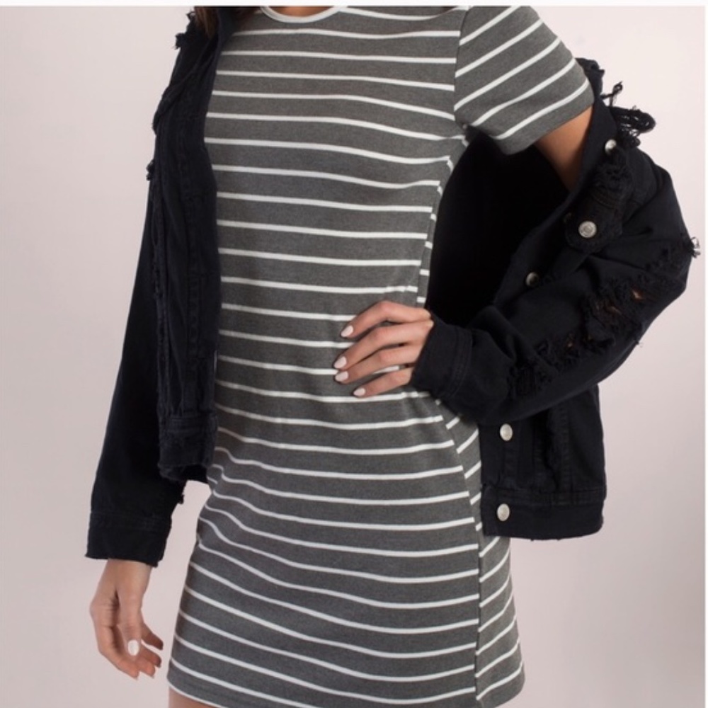 TOBI Gray & White Striped T Shirt Dress Ringer Short Sleeve Cotton Mini‎ // S - Picture 12 of 13